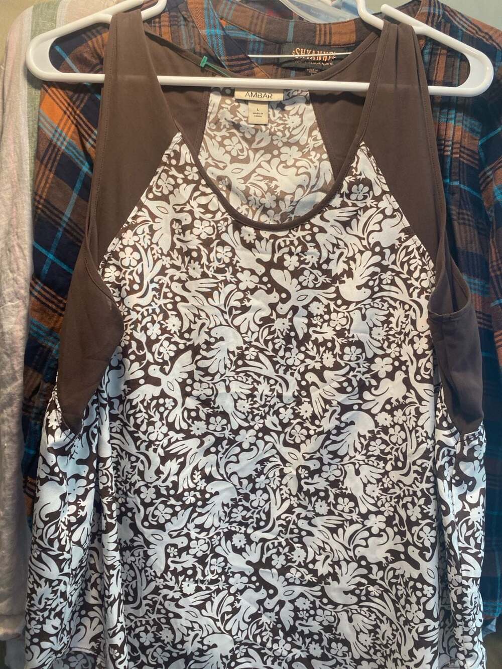 AMBAR Women's Brown and White Bird Floral Folklore Print Sleeveless Tank Top
